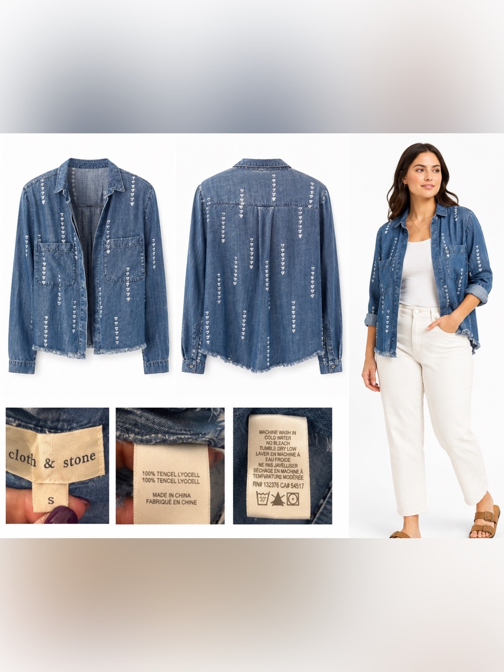 Cloth & Stone Anthropologie Tencel Tribal Print Denim Shirt- Raw Hem Sz S
